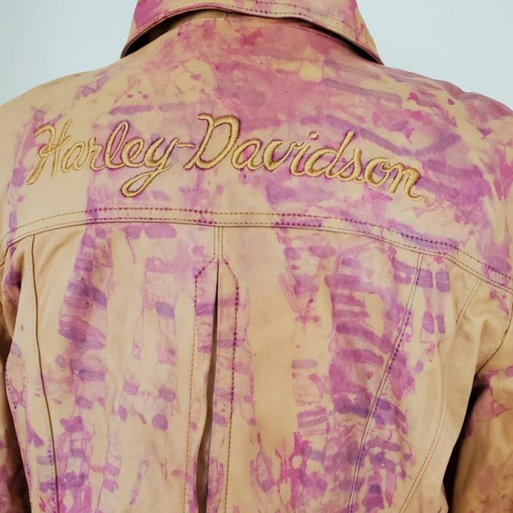 Harley Leather Motorcycle Jacket tie dyed pink purple tan moto biker beige med L